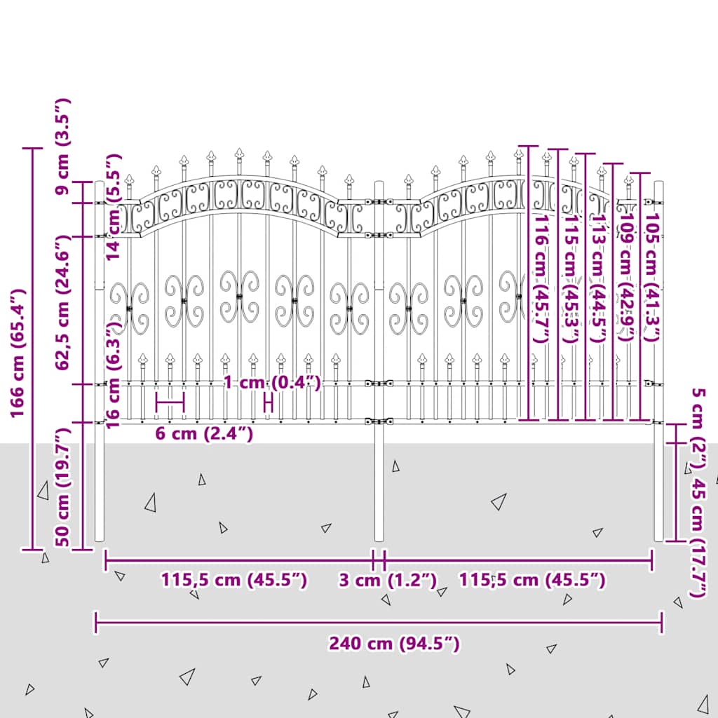 Vrtna ograda KAMPEN s vrhom koplja crna 240x125 cm čelična