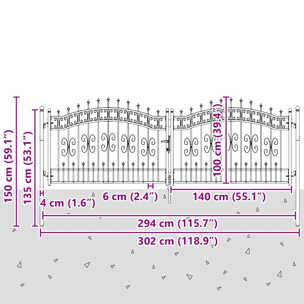 Vrata za ogradu KAMPEN s kopljem na vrhu crna 302 x 100 cm čelična