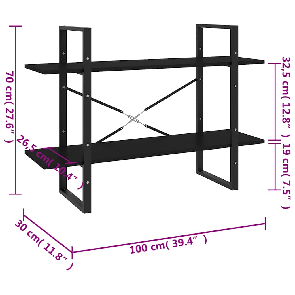 Ormarić za knjige 2 razine crni 100x30x70 cm konstruirano drvo