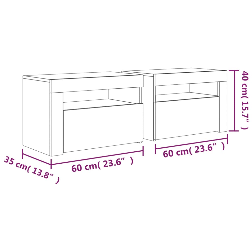 Noćni ormarići 2 kom s LED svjetlima boja betona 60x35x40 cm