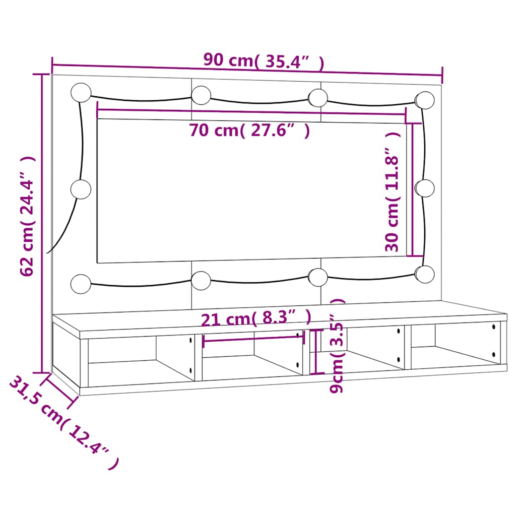 Ormarić s ogledalom LED boja hrasta sonome 90 x 31,5 x 62 cm