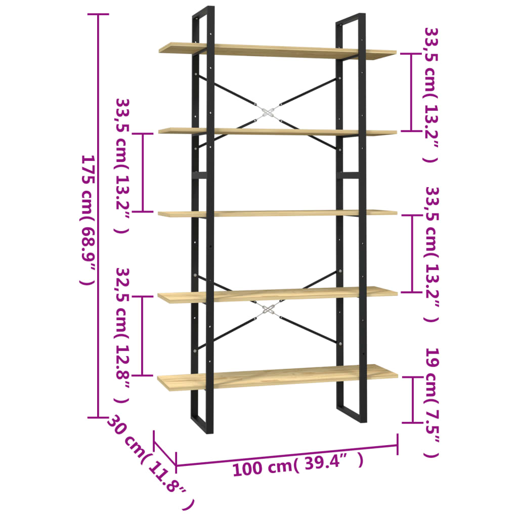 Ormarić za knjige s 5 razina 100 x 30 x 175 cm od borovine