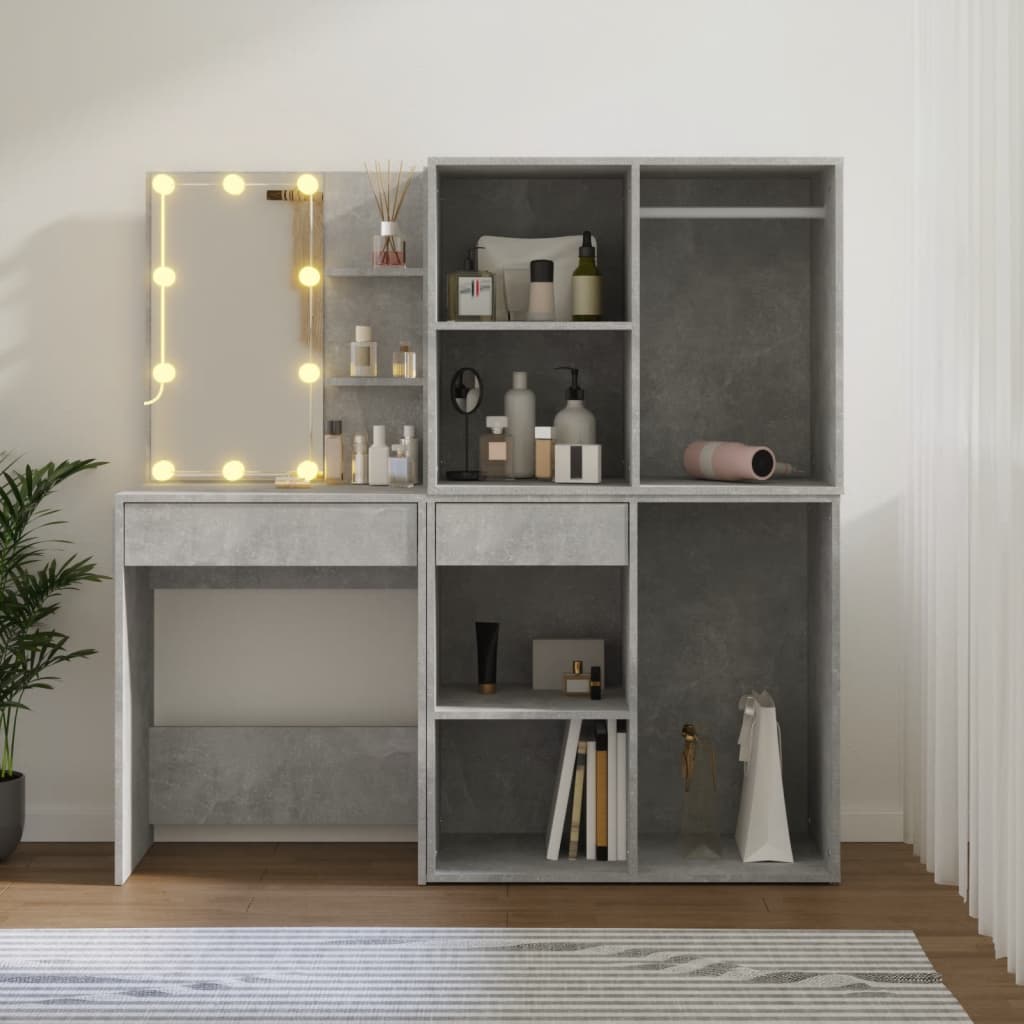 LED toaletni stolić s 2 ormarića boja betona konstruirano drvo