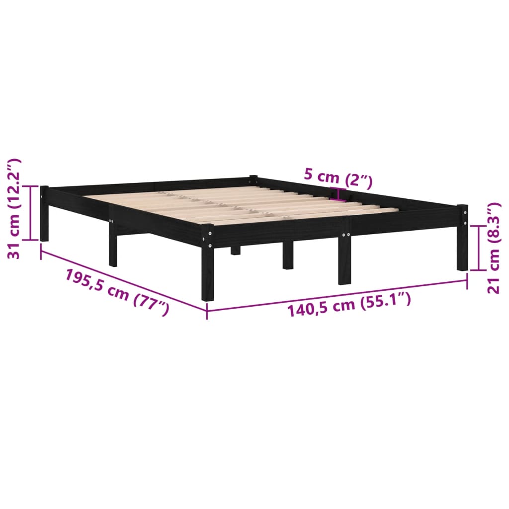Okvir za krevet od masivnog drva crni 135 x 190 cm bračni