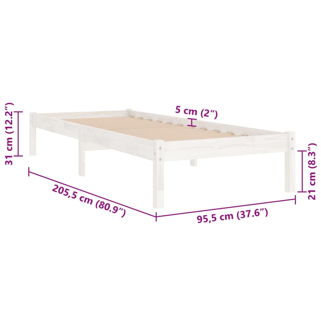 Okvir za krevet od masivne borovine bijeli 90 x 200 cm