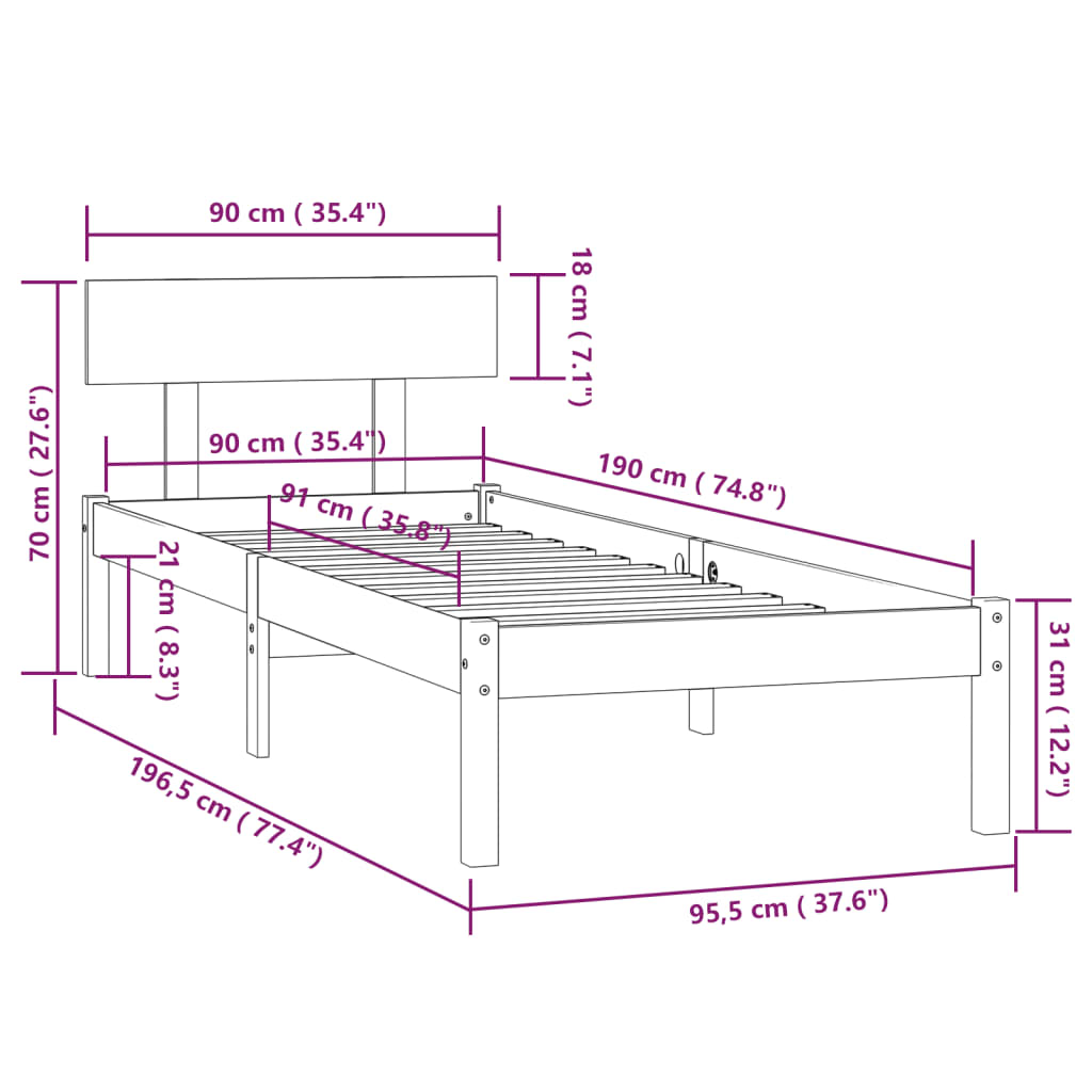 Okvir za krevet od borovine crni 90 x 190 cm jednokrevetni