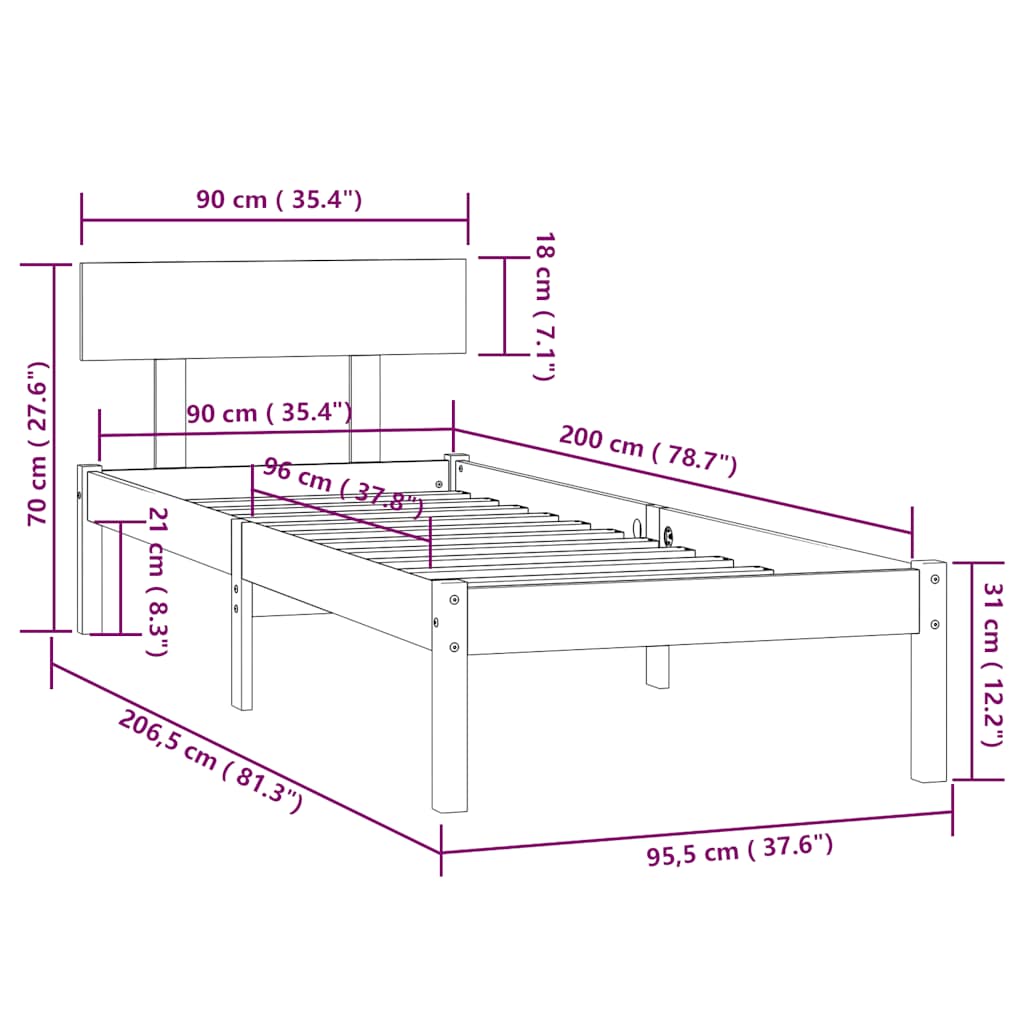 Okvir za krevet od masivne borovine 90 x 200 cm