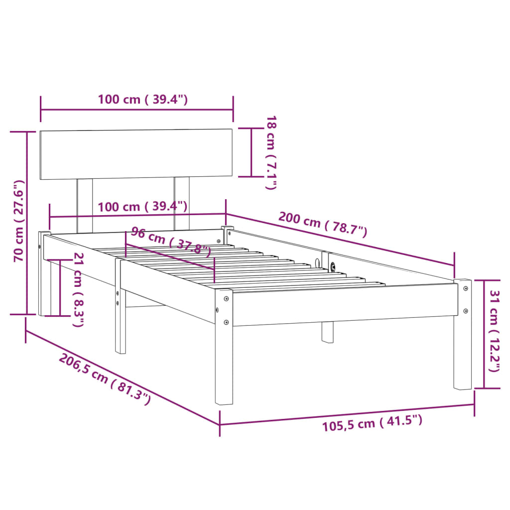 Okvir za krevet od masivne borovine bijeli 100 x 200 cm