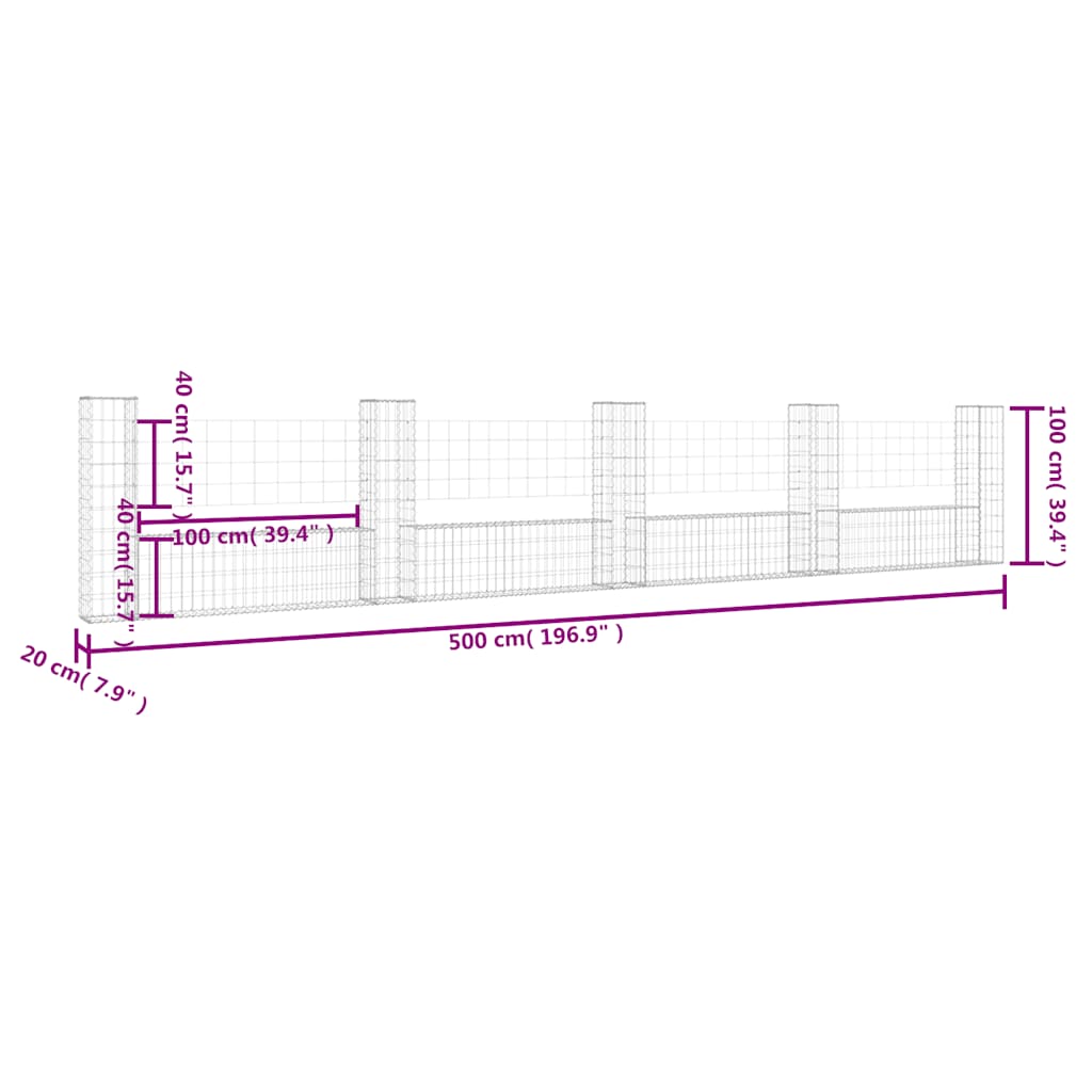 Gabionska košara U-oblika s 5 stupova 500x20x100 cm željezna