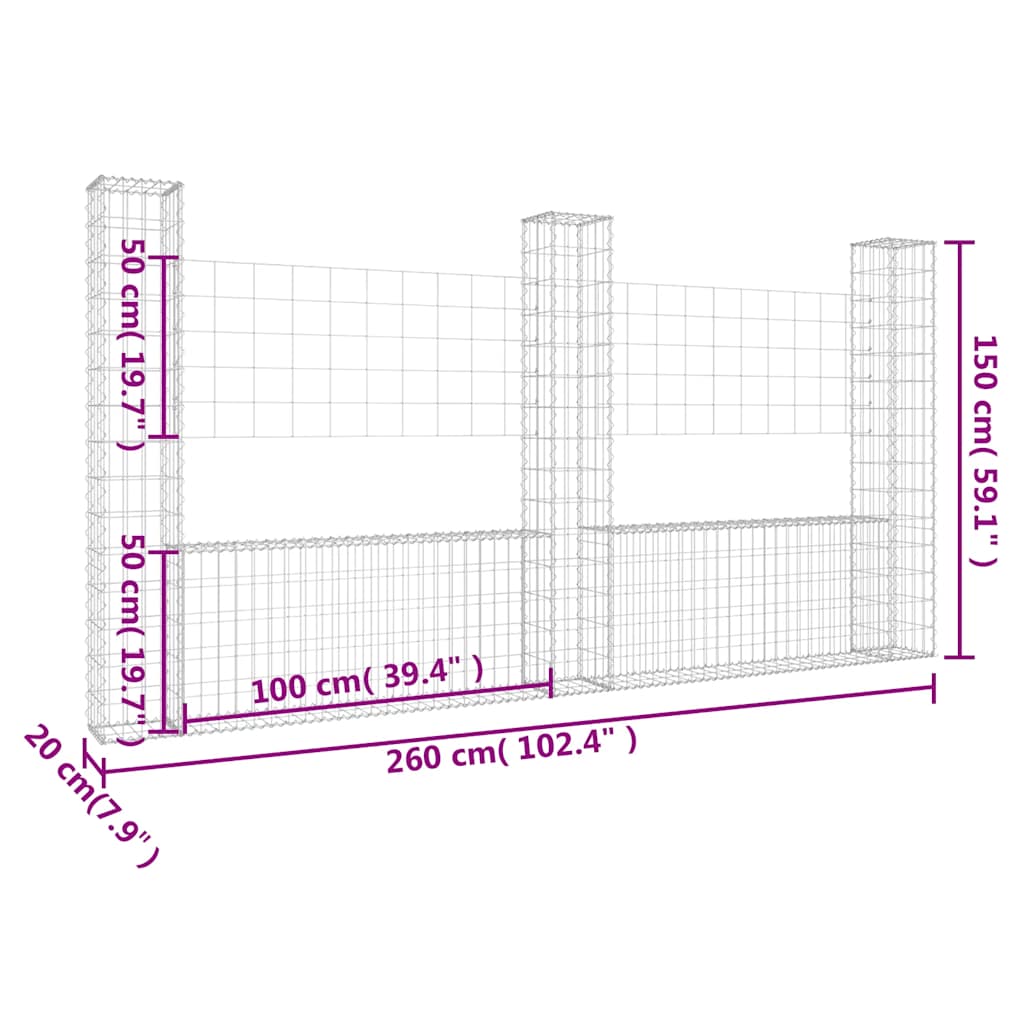 Gabionska košara U-oblika s 3 stupa 260 x 20 x 150 cm željezna
