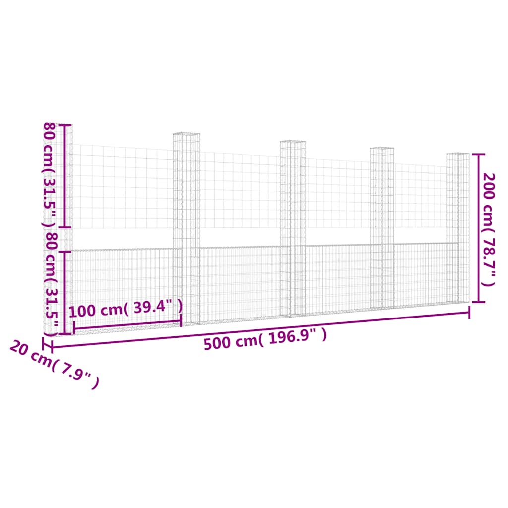 Gabionska košara U-oblika s 5 stupova 500x20x200 cm željezna