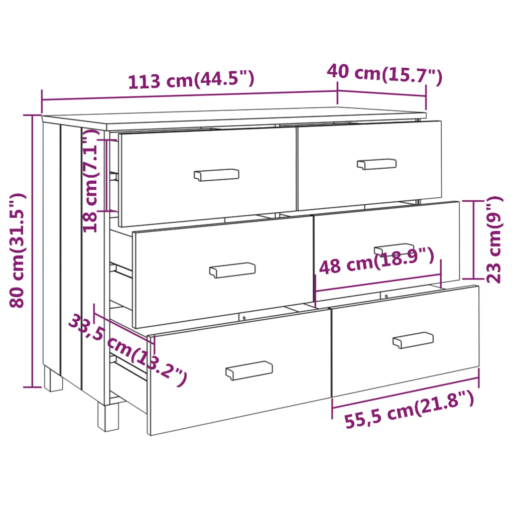 Komoda HAMAR tamnosiva 113 x 40 x 80 cm od masivne borovine