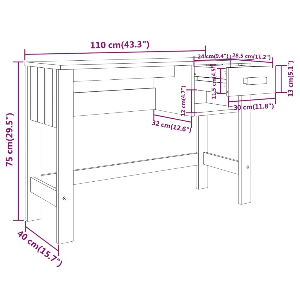 Radni stol HAMAR svjetlosivi 110 x 40 x 75 cm masivna borovina