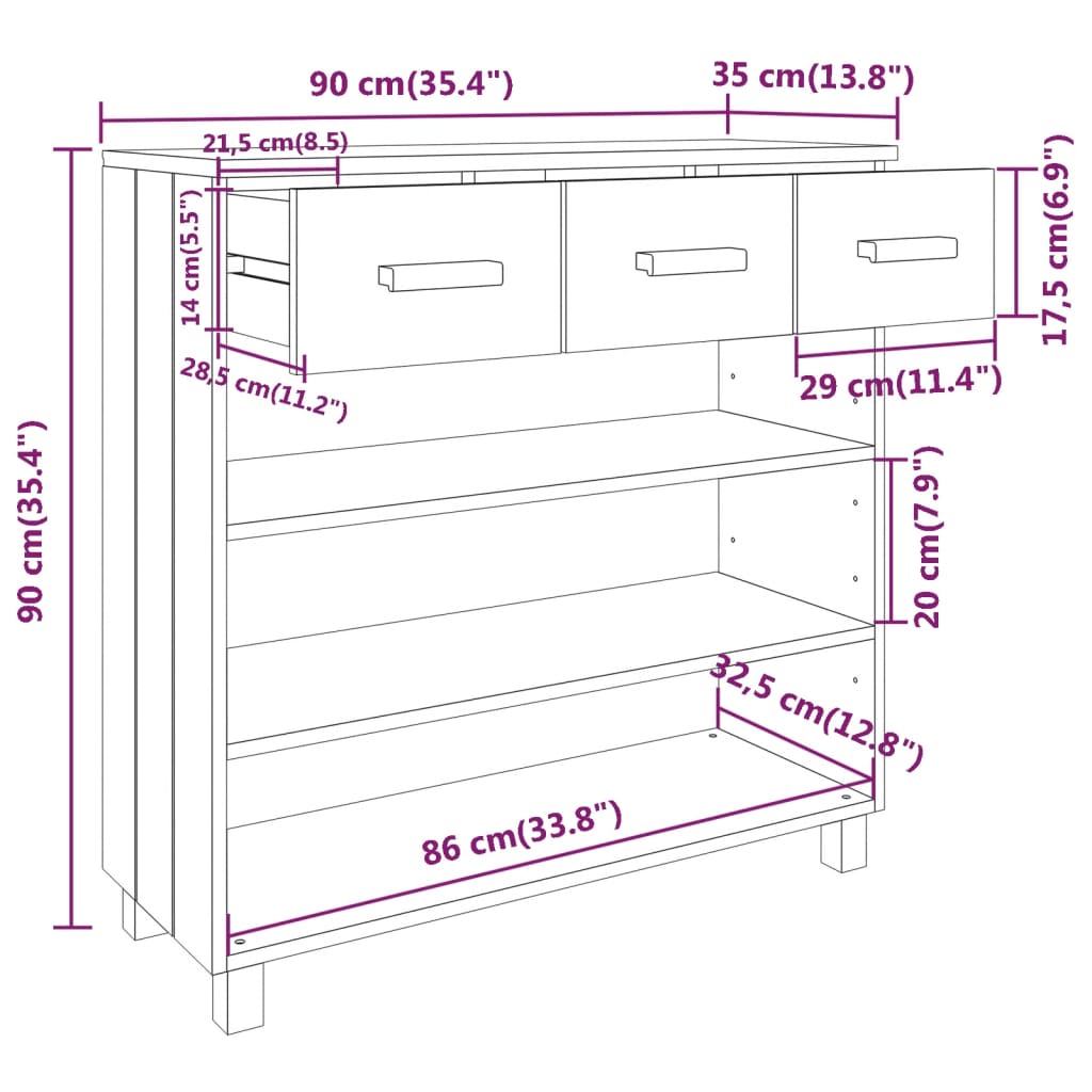 Konzolni stol HAMAR bijeli 90 x 35 x 90 cm od masivne borovine