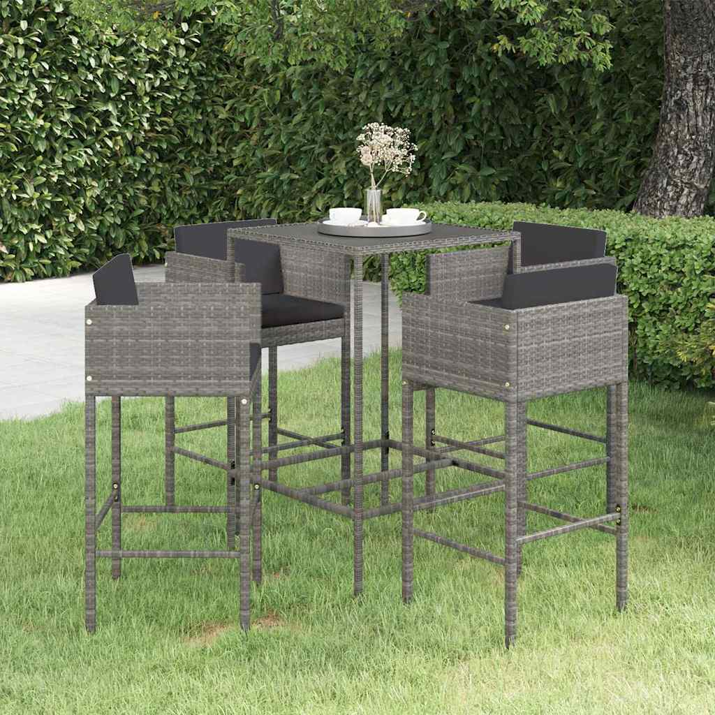 5-dijelni vrtni barski set od poliratana s jastucima sivi Siva 70 x 70 x 110 cm