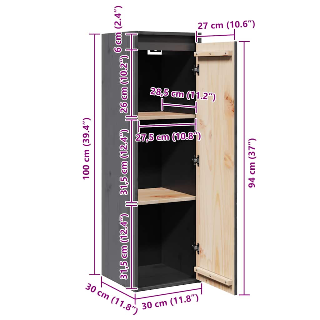Zidni ormarići 2 kom sivi 30 x 30 x 100 cm od masivne borovine