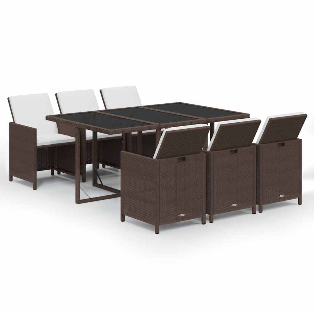 7-dijelni vrtni blagovaonski set s jastucima poliratan smeđi Smeđa 163 cm table length