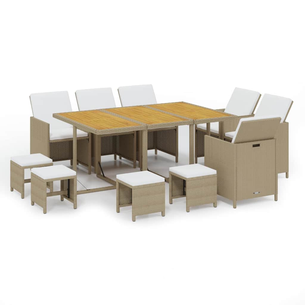 11-dijelni vrtni blagovaonski set od poliratana s jastucima bež 163 cm table length