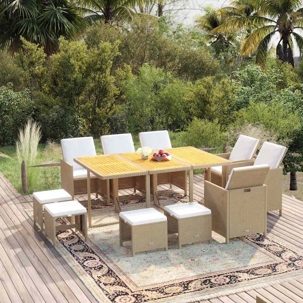 11-dijelni vrtni blagovaonski set od poliratana s jastucima bež 163 cm table length
