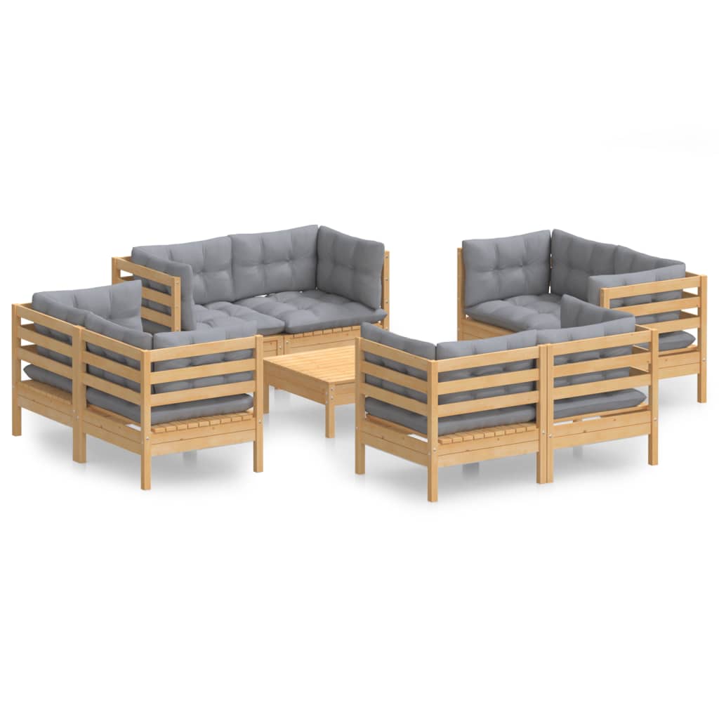 9-dijelna vrtna garnitura od borovine sa sivim jastucima