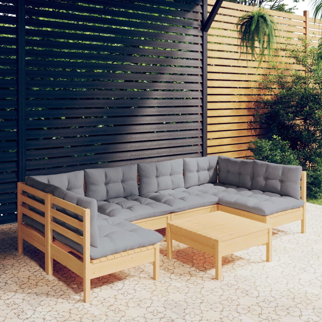 7-dijelna vrtna garnitura od borovine sa sivim jastucima