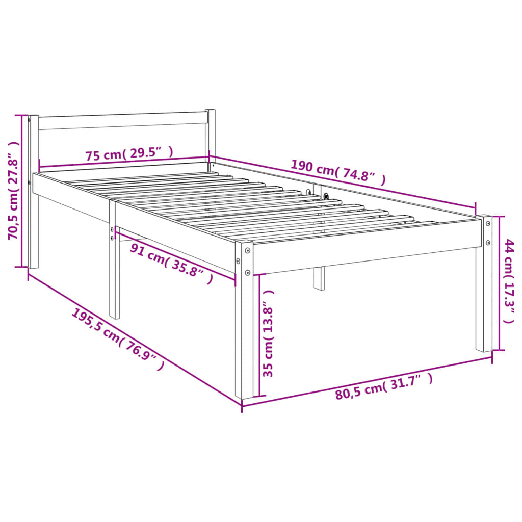 Krevet za starije osobe 75 x 190 cm mali od masivne borovine