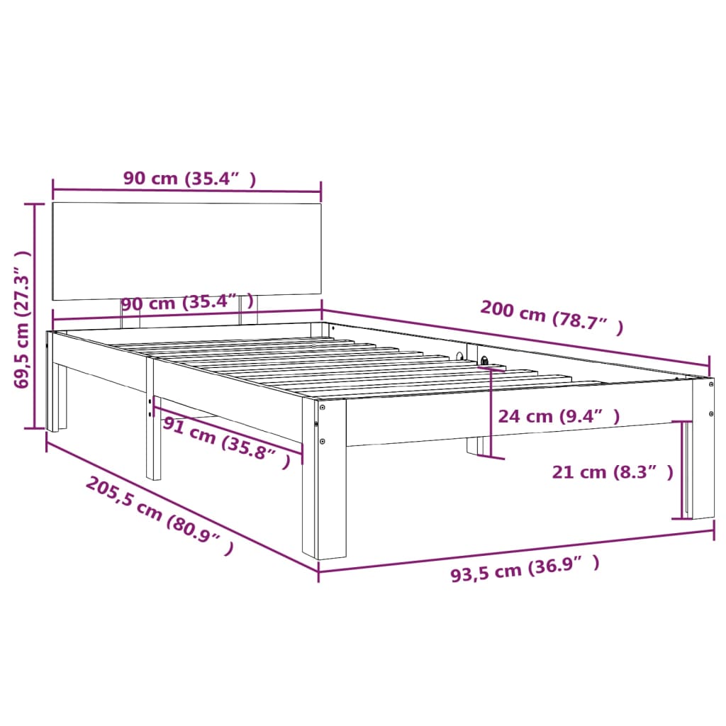 Okvir za krevet od masivne borovine crni 90 x 200 cm