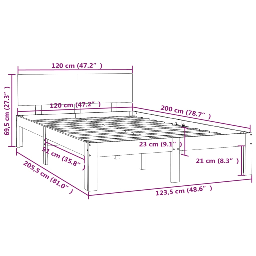 Okvir za krevet od masivne borovine bijeli 120 x 200 cm