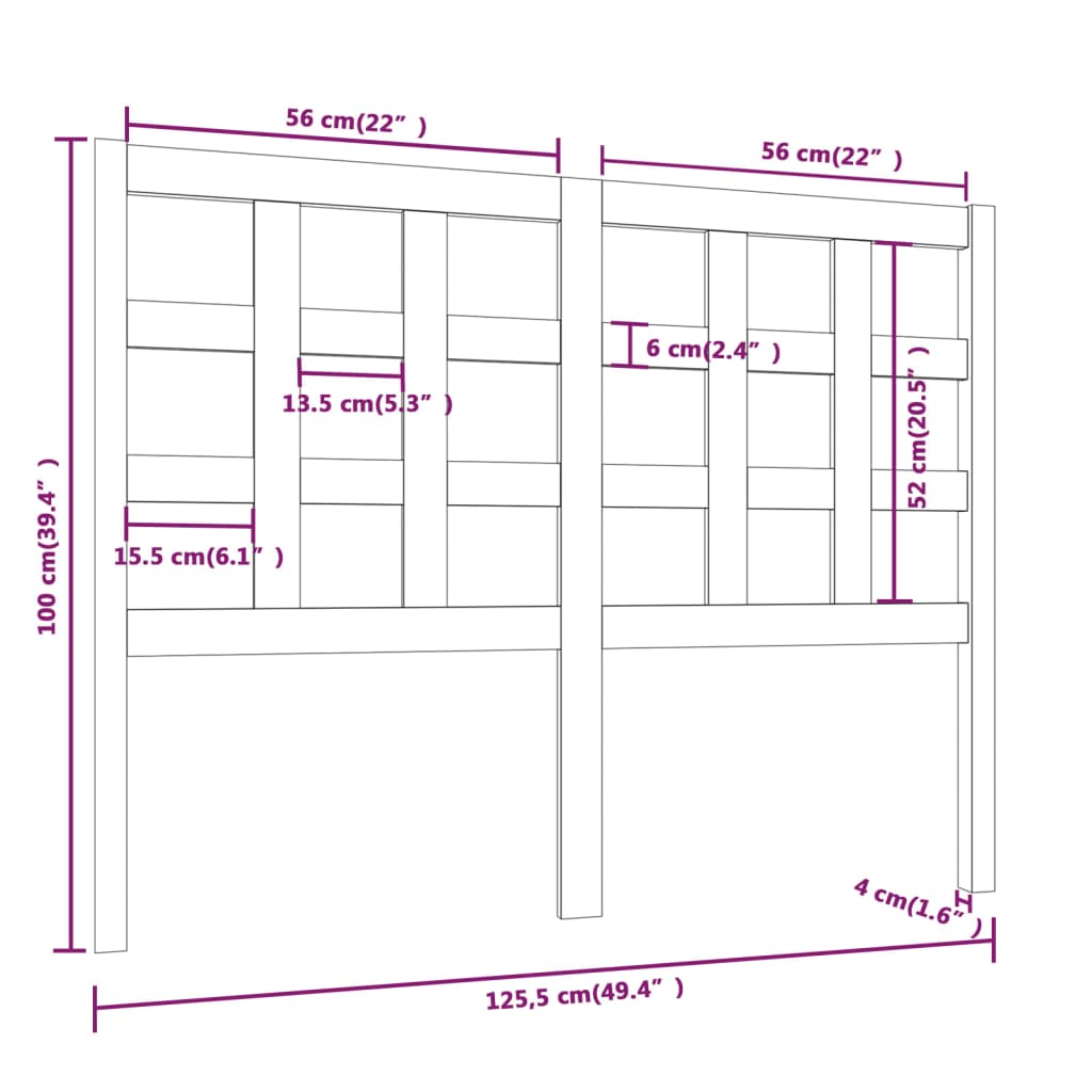 Uzglavlje za krevet crni 125,5 x 4 x 100 cm od masivne borovine
