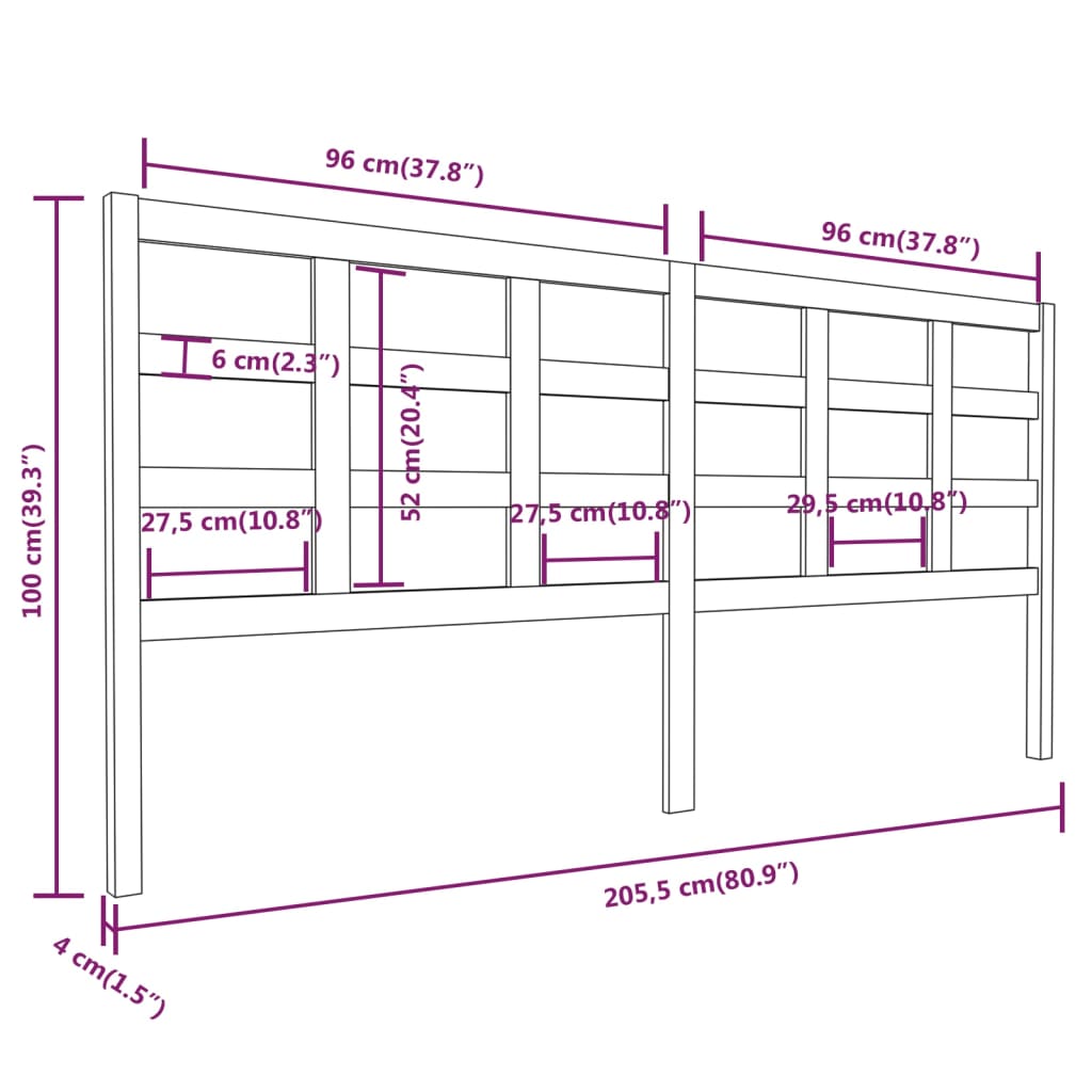 Uzglavlje za krevet crni 205,5 x 4 x 100 cm od masivne borovine