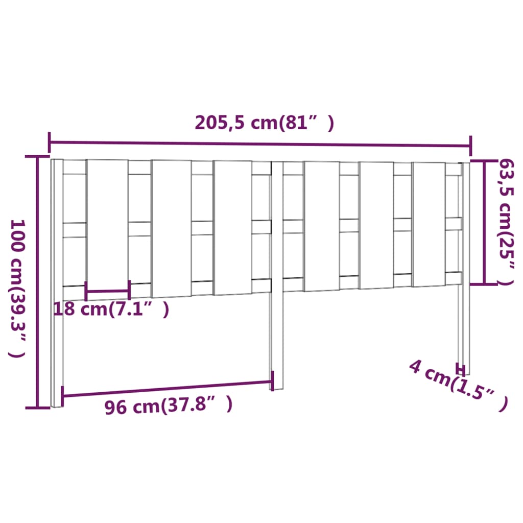 Uzglavlje za krevet crni 205,5 x 4 x 100 cm od masivne borovine