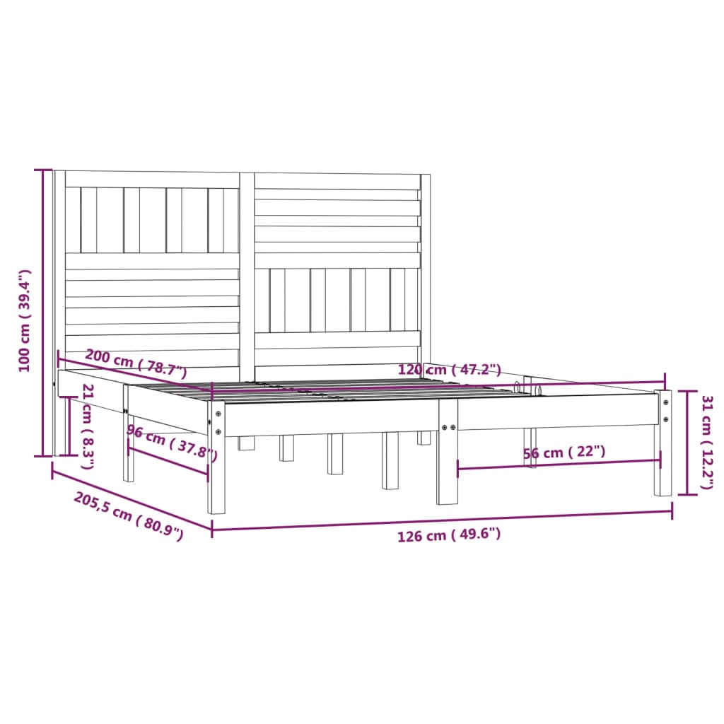 Okvir za krevet od masivne borovine bijeli 120 x 200 cm