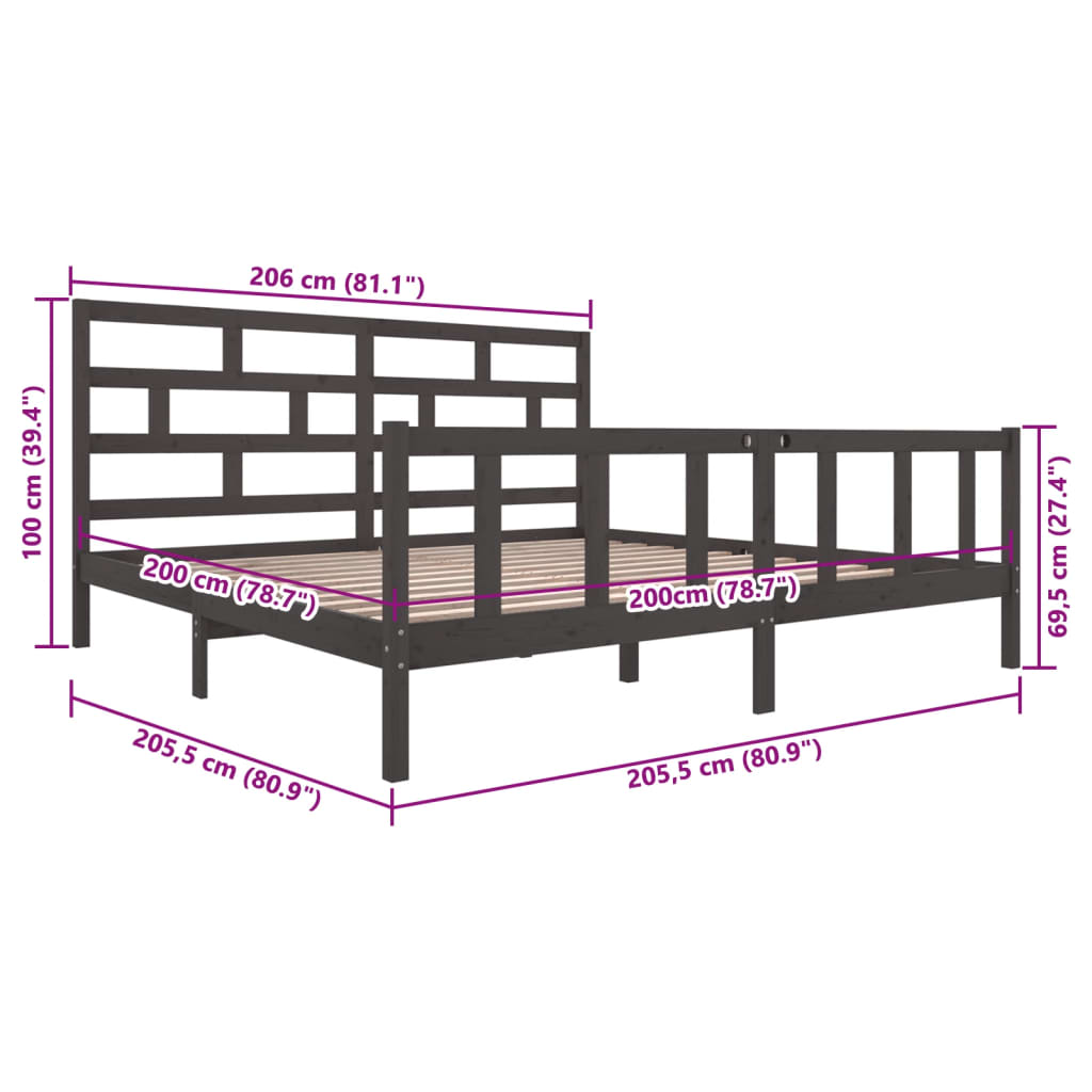 Okvir za krevet od masivne borovine sivi 200 x 200 cm