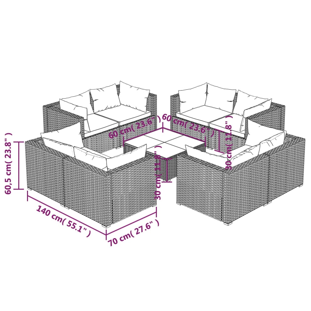 9-dijelna vrtna garnitura od poliratana s jastucima siva