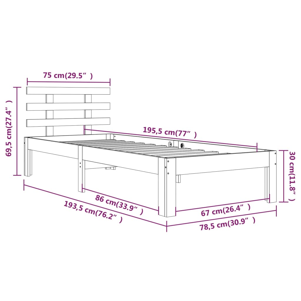 Okvir za krevet od masivnog drva bijeli 75 x 190 cm mali