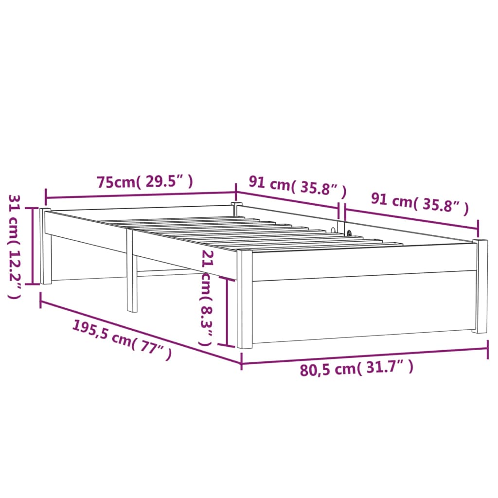 Okvir za krevet od masivnog drva bijeli 75 x 190 cm mali