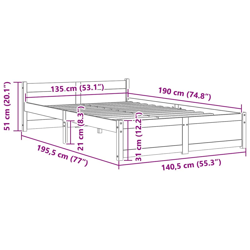 Okvir za krevet od masivnog drva bijeli 135x190 cm bračni
