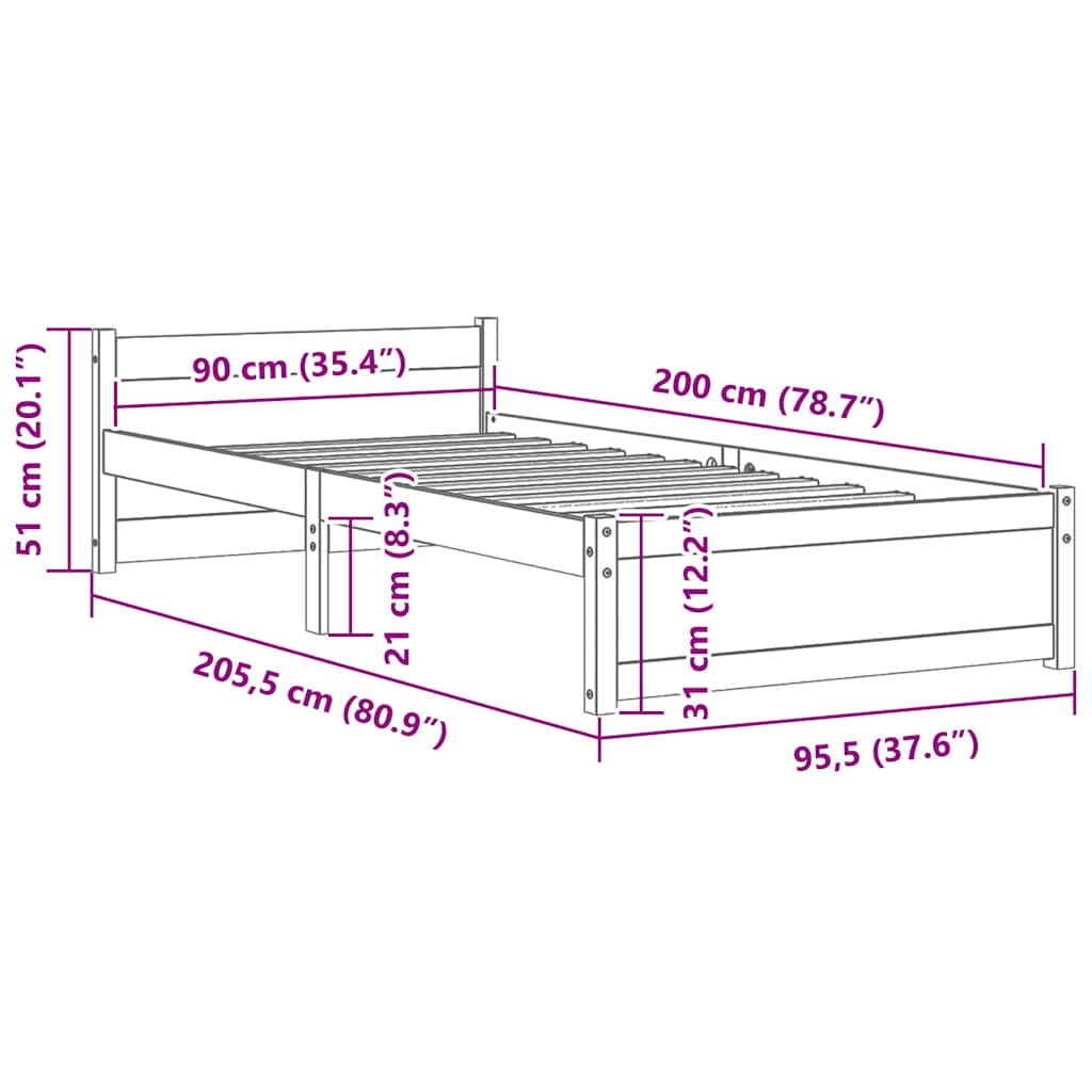 Okvir za krevet od masivnog drva bijeli 90 x 200 cm