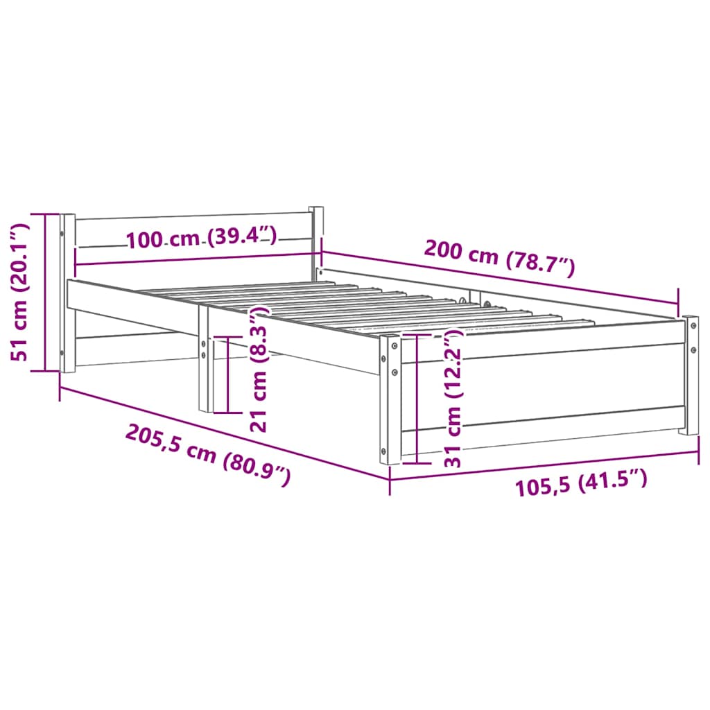 Okvir za krevet od masivnog drva bijeli 100 x 200 cm