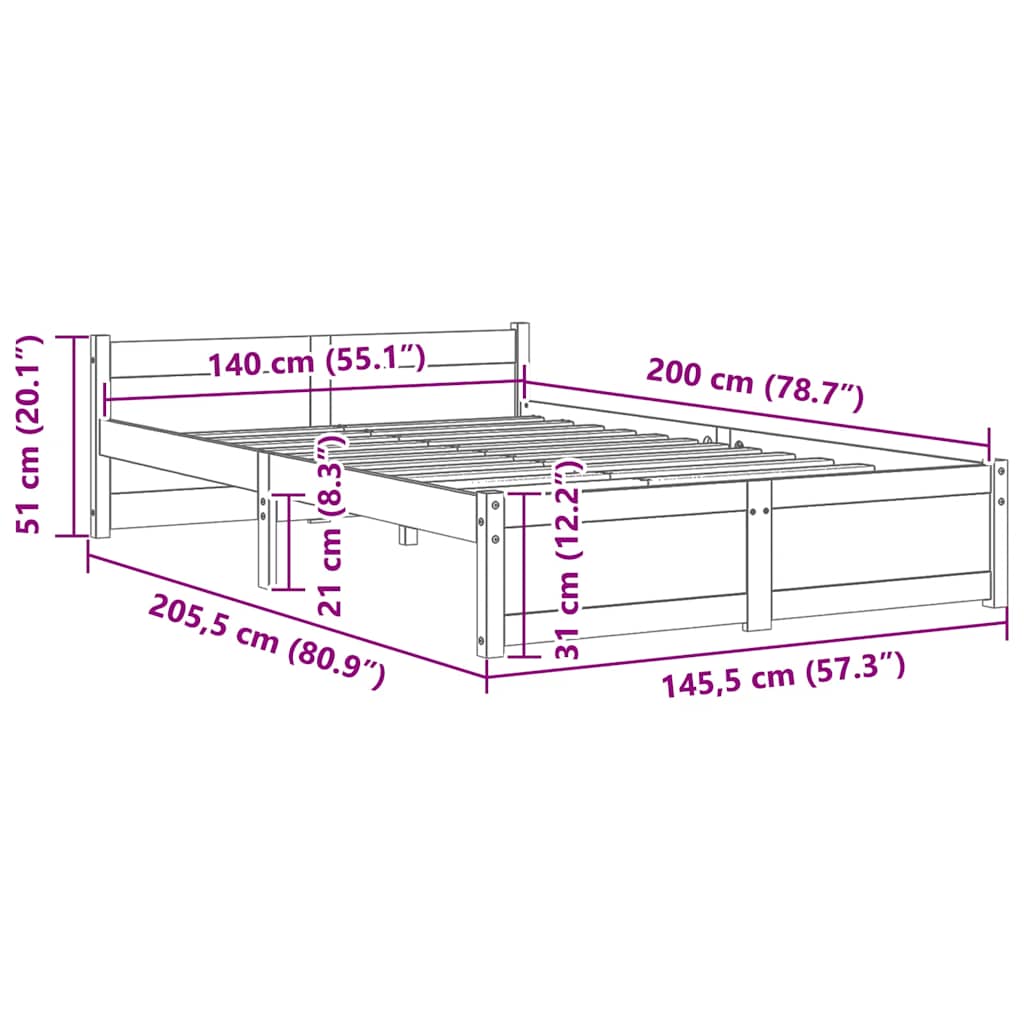 Okvir za krevet od masivnog drva bijeli 140 x 200 cm