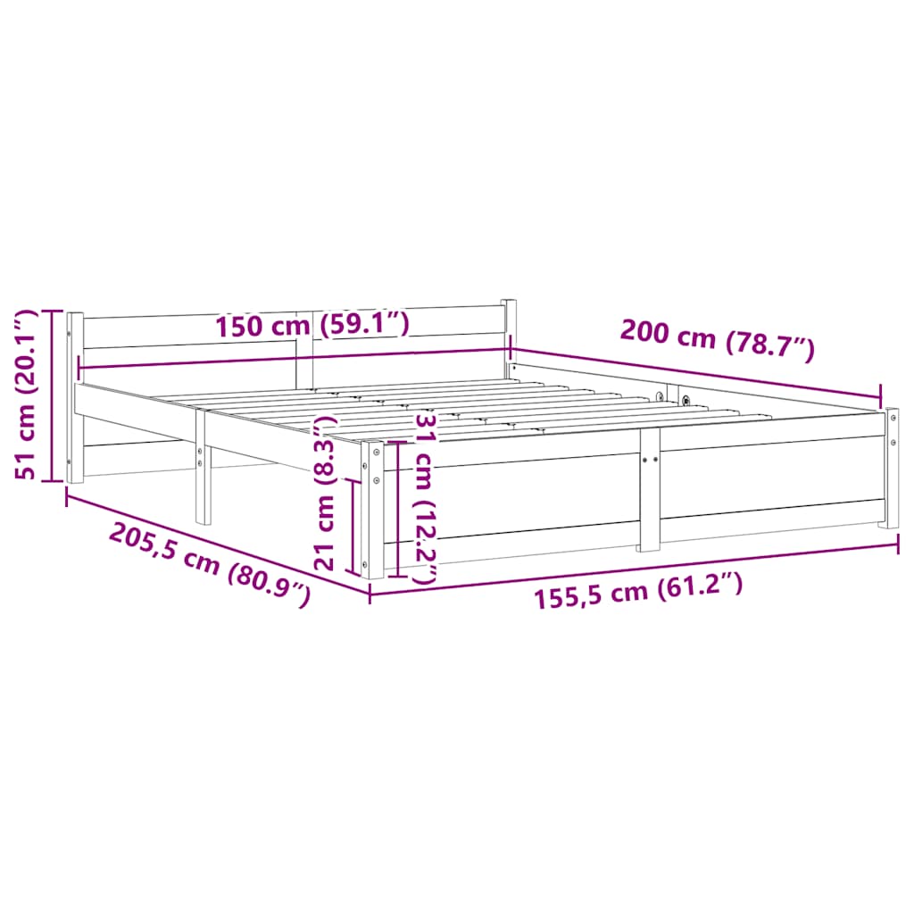Okvir za krevet od masivne borovine bijeli 150 x 200 cm king