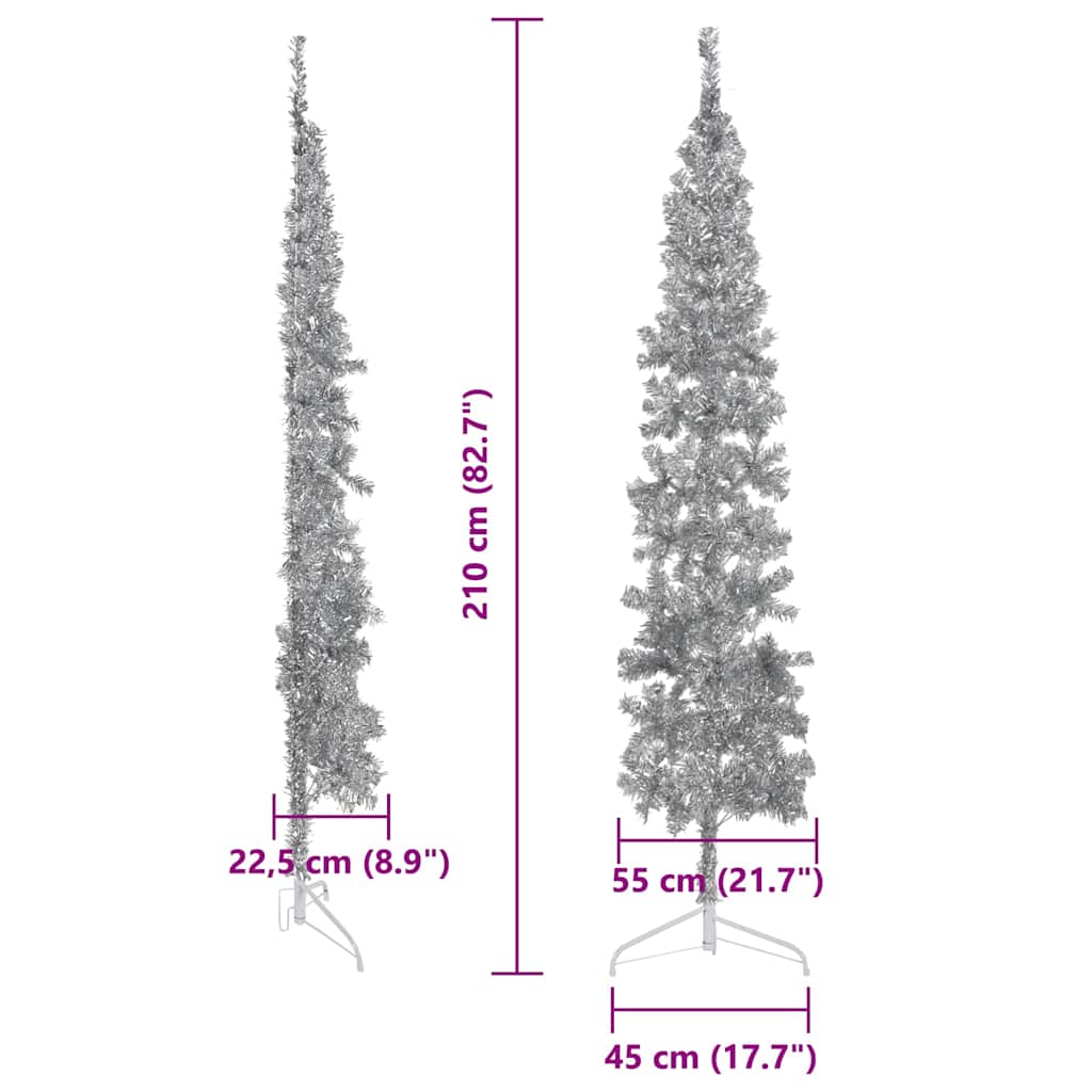 Tanka umjetna polovica božićnog drvca sa stalkom srebrna 210 cm