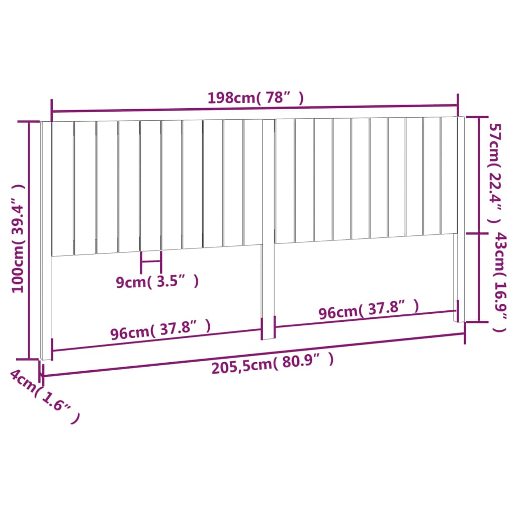 Uzglavlje za krevet crni 205,5 x 4 x 100 cm od masivne borovine