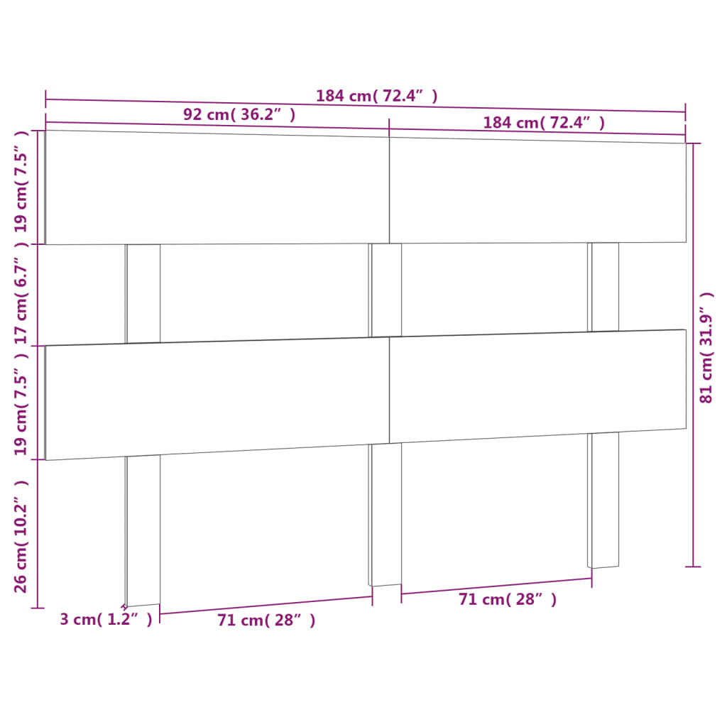 Uzglavlje za krevet crno 184 x 3 x 81 cm od masivne borovine
