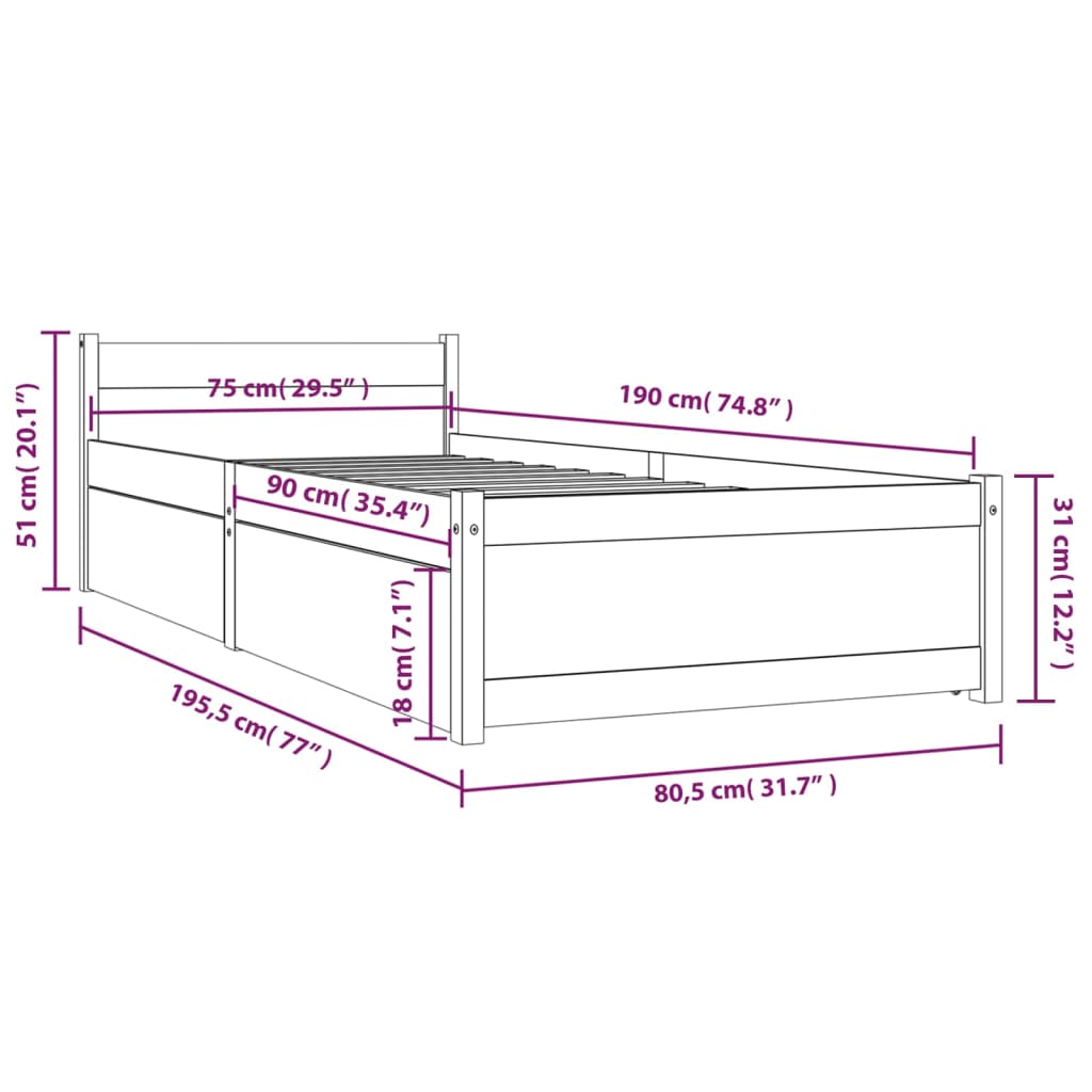 Okvir za krevet s ladicama 75 x 190 cm jednokrevetni