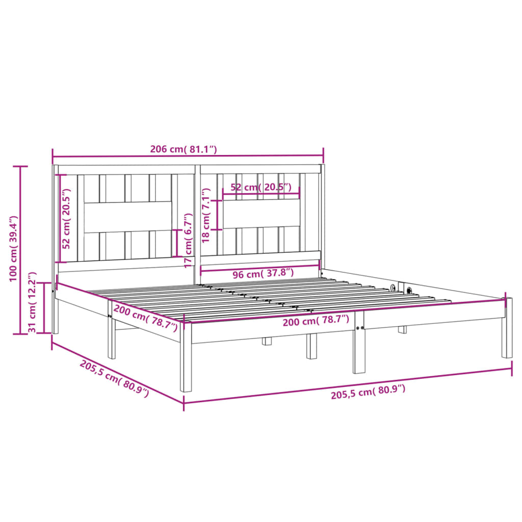 Okvir za krevet od masivne borovine sivi 200 x 200 cm