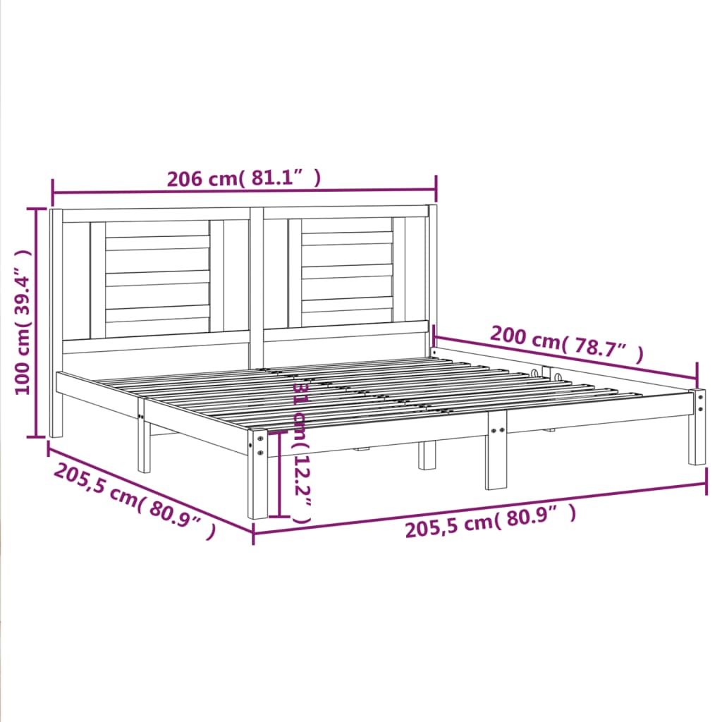 Okvir za krevet od masivne borovine crni 200 x 200 cm