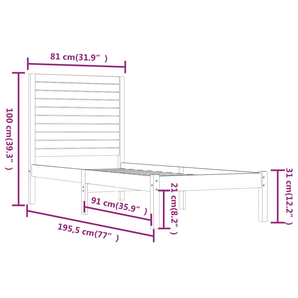 Okvir za krevet od masivnog drva bijeli 75 x 190 cm mali