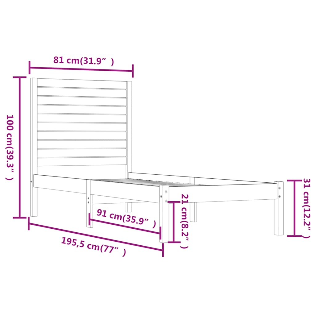 Okvir za krevet od masivnog drva bijeli 75 x 190 cm mali