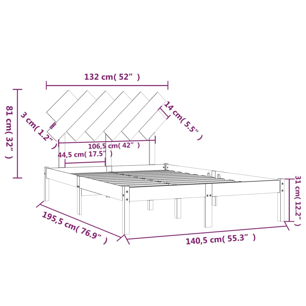 Okvir za krevet bijeli 135x190 cm bračni od masivnog drva